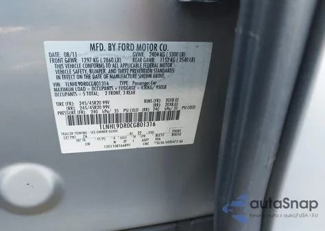 2012 Lincoln Mks from USA, damaged, VIN 1LNHL9DR0C801316